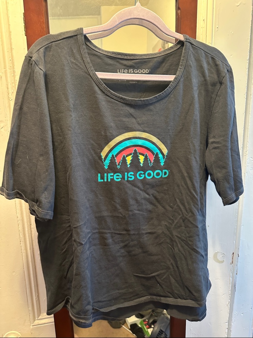 Life Is Good Black Short-Sleeve Tee with Teal Logo and Rainbow Graphic